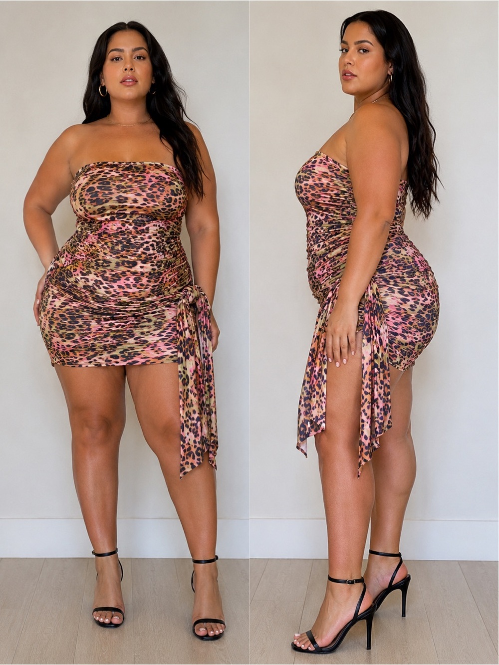 Peppermayo Pink Leopard Print Strapless Ruched Mini Dress